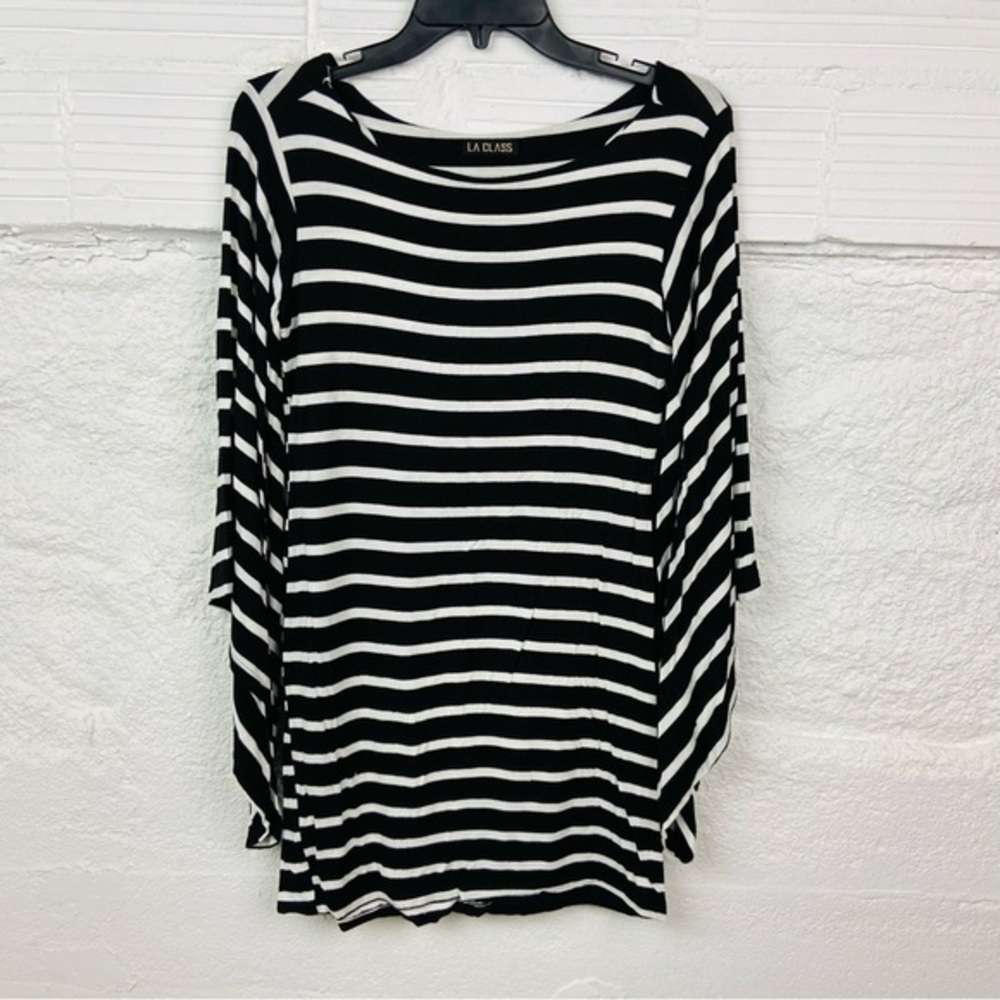 LA CLASS black & white striped long sleeve bell flare sleeve mini stretch dress